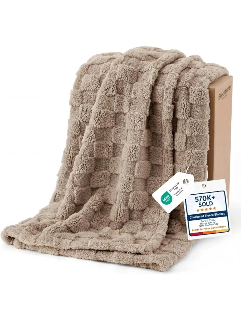 Cozy Light Brown Checkered Throw Blanket - Soft Fleece for Couch & Bedroom